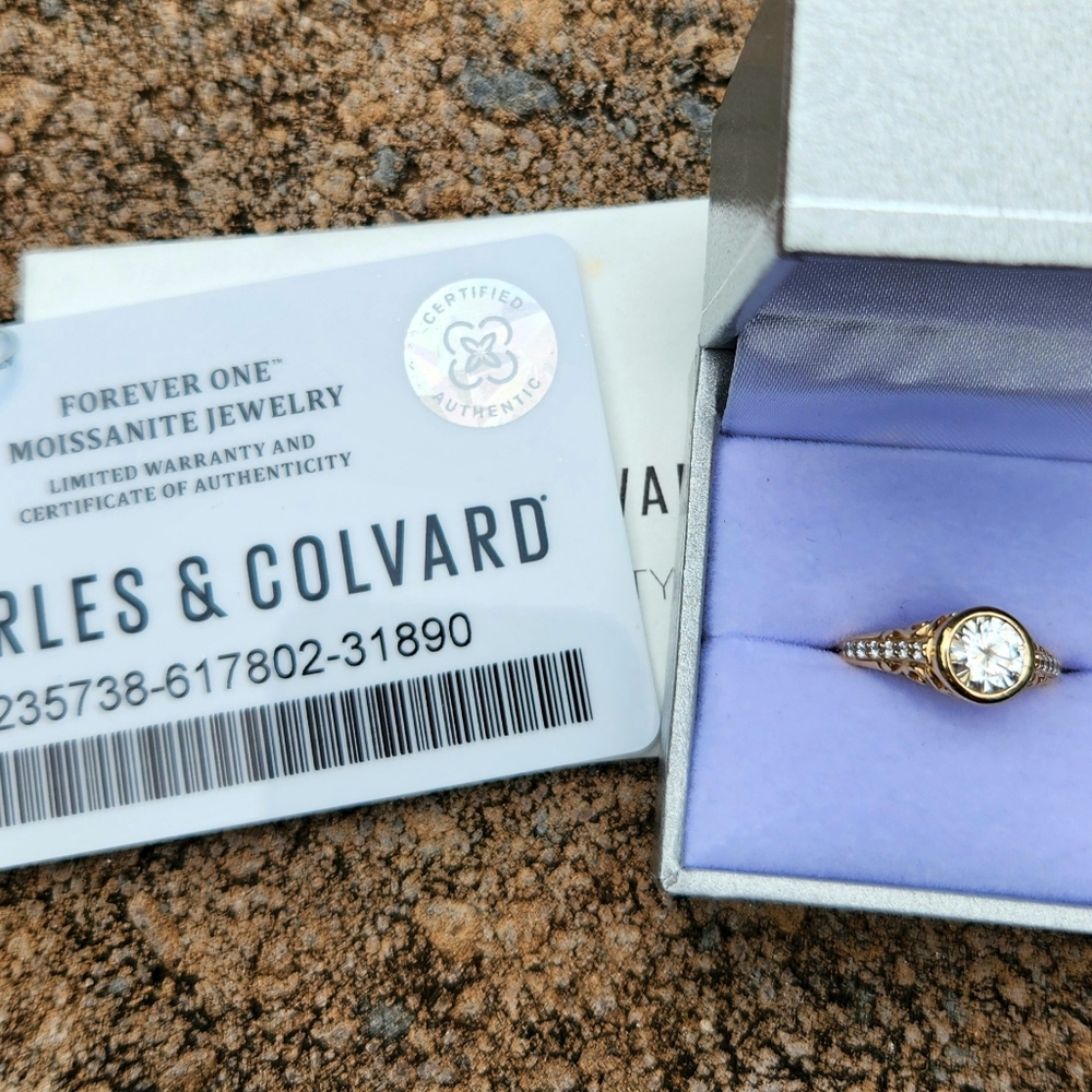 14k Yellow Gold Charles Colvard Forever One Moissanite Engagement Ring